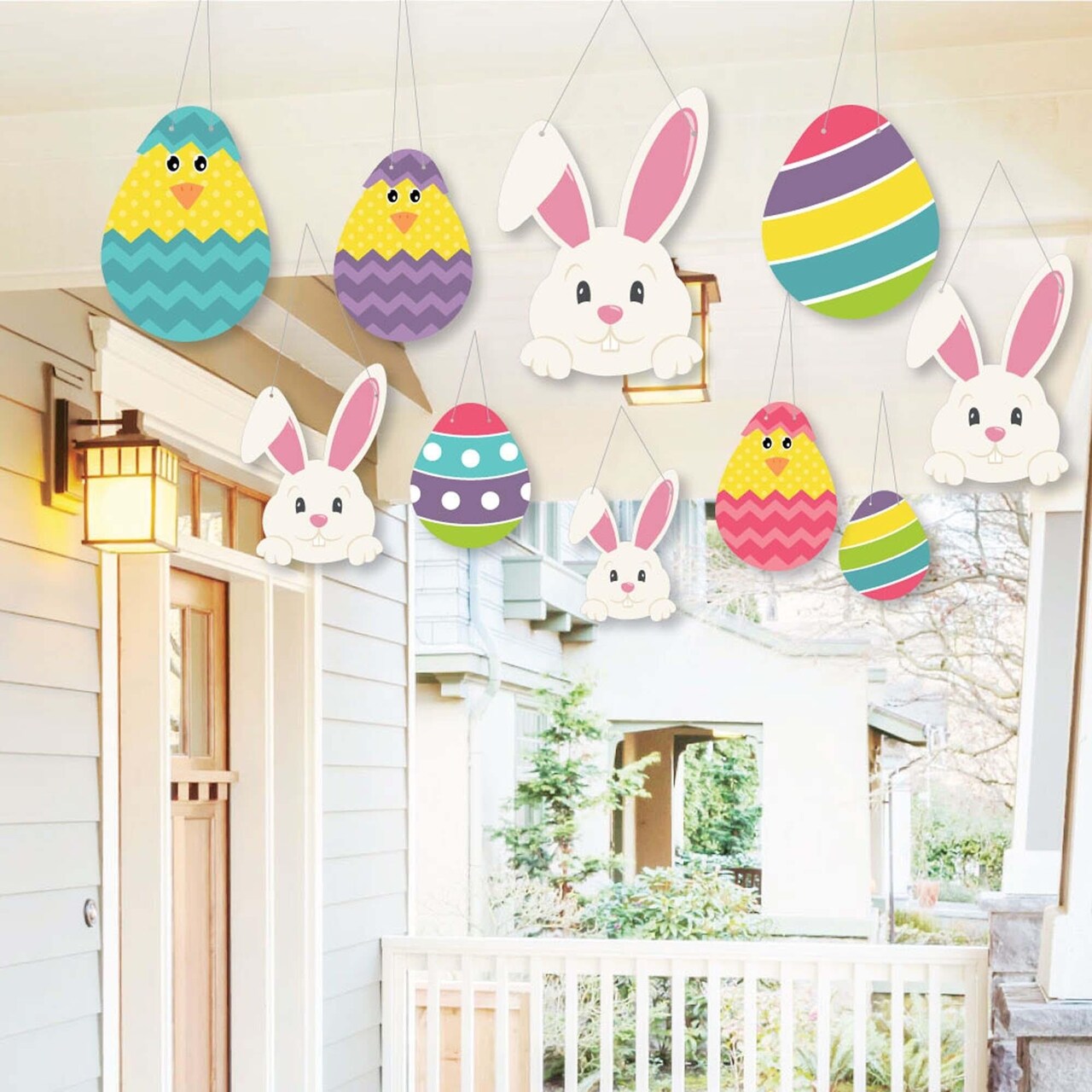 Big Dot of Happiness Hanging Hippity Hoppity - Outdoor Hanging Decor - Easter Bunny Party Decorations - 10 Pieces